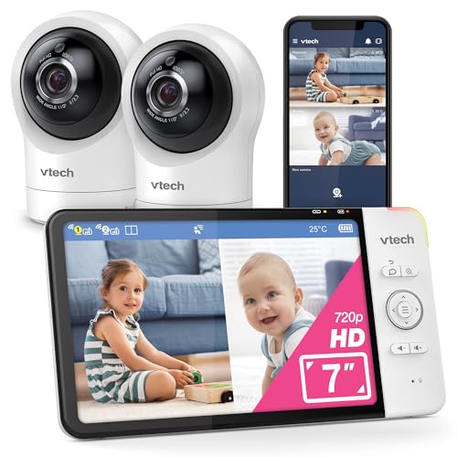 VTech baby monitor smart Wi-Fi con 2 telecamere, schermo HD a colori da 7', videocamera FHD 1080p, app gratuita, controlli panoramica, inclinazione e zoom, ninne nanne, suoni rilassanti: RM7764-2HD
