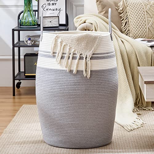 Image of Oiahomy Laundry Hamper Woven Cotton Rope Large Clothes Hamper 25.6" Height Modern Curver Basket with Extended Cotton Handles for Storage Clothes Toys in Bedroom, Bathroom, Foldable
