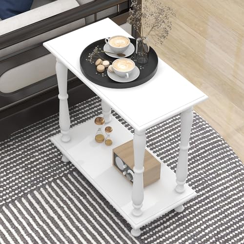 TaoHFE White Narrow Side Table Wooden Vintage End Tables Living Room French Style 24 Inch Sofa Side Table with Open Shelf 2-Tier Retro Bedside Table for Bedroom Living Room Small Space, White