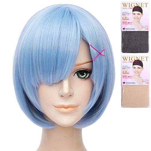 CaseEden コスプレ ウィッグ Re:ゼロから始める異世界生活 リゼロ レム ショート ライトブルー 水色 & ホワイトメルチェ ウィッグネット2個セット
