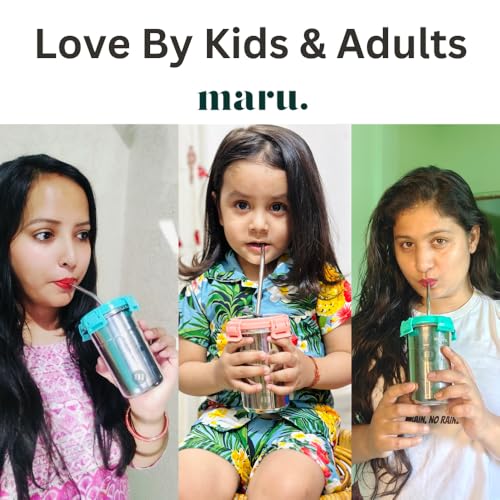 Image of MARU Stainless Steel Tumbler 400ml with Lid, Reusable Straw & Cleaning Brush - Durable, Leakproof & Portable Sippy Cup - Ideal for Travel, Office & Home (Green)
