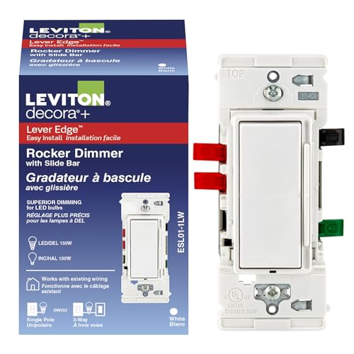Image of Leviton Lever Edge Rocker Slide Dimmer Switch for LED /Incandescent Bulbs, 150 Watt, Single Pole or 3-Way, ESL01-1LW, White