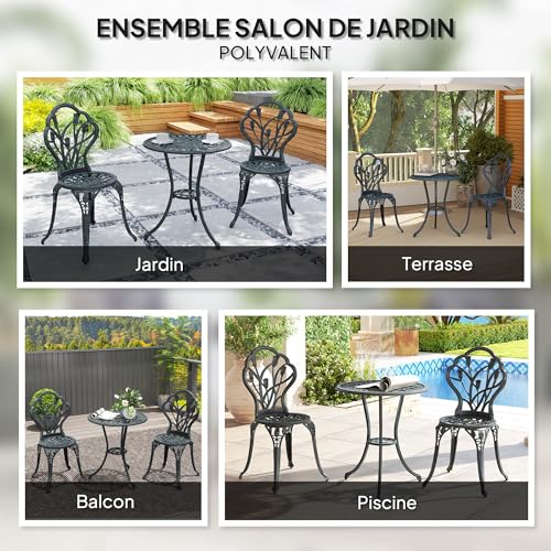 Outsunny Ensemble Salon de Jardin 2 Places 2 chaises + Table Ronde Fonte d'aluminium Imitation Fer forgé Vert – Image 6