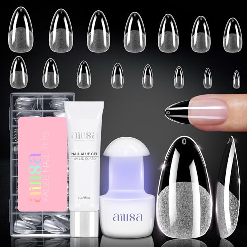 AILLSA Nail Tips with Glue Kit Medium Almond Nail Tips 120pcs Solid Gel Nail Glue 30g for Acrylic Nail Kit Full Cover Portable Mini U V Nail Lamp for Women Beginners