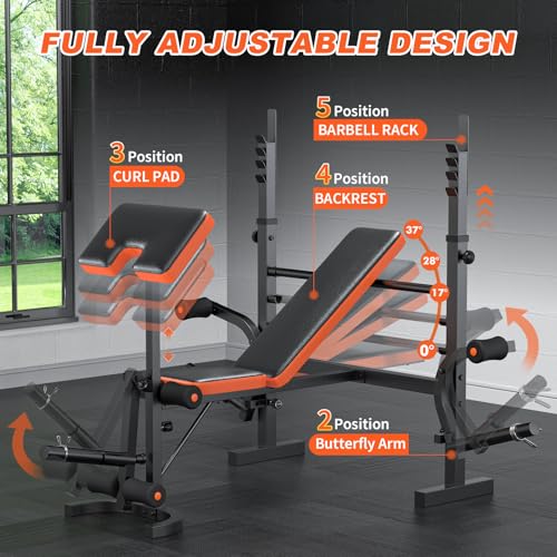 Image of Fostoy 9-in-1 Adjustable Olympic Weight Bench with Lat Pulldown, Row, Squat Rack & Leg Curl - Multi-Function Strength Training Bench Press for Home Gym Full Body Workout