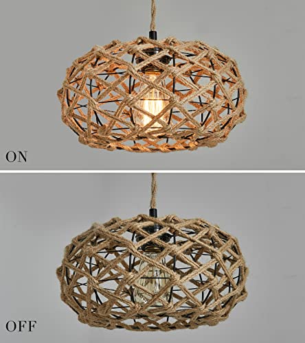AMZASA Boho Pendant Light Rustic Hand-Woven Hemp Rope Cage Basket Rattan Hanging Lamp Wicker Coastal Retro Light Fixtures for Hallway Entryway Kitchen Island Dining Room - Image 5