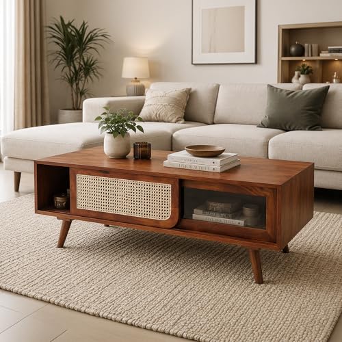 Image of The Attic INES Coffee Table for Living Room, Solid Wood Centre Table with Cane with Sliding Doors, Honey Matt Finish