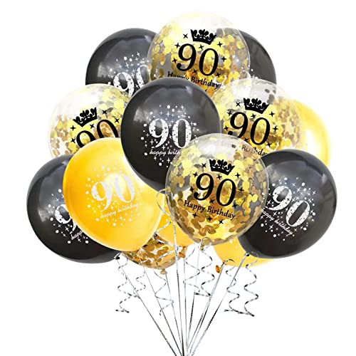 SHUNTAI 90th Birthday Balloons Gold and Black 90th Birthday Decorations for Men Women Latex Confetti Balloon Happy 90 Year Old Anniversary Theme Party Decor Supplies 15 Pieces 12 inch