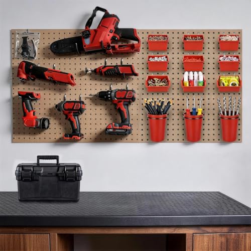 Image of Pegboard Bins Cups with Hooks & Loops 12 Pack Peg Board Organizer (Red)