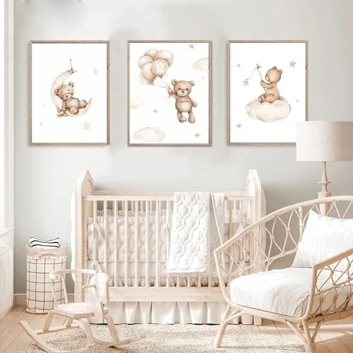 Youihom 3 Affiche Decoration Murale Enfant Toile Chambre Bebe Poster Beige Ourson Ballon Nuage Lune Tableau Garcon Cadeau sans Cadre (YHH009-40x50cm)