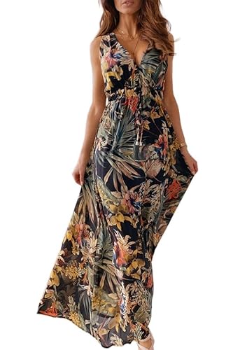 Joligiao Damen Sommerkleid Lang Lässig Ärmelloses Kleid Lässig Locker V Ausschnitt Langes Kutte Floral Leichtes Kleids Wrap Elegant Hoch Taille Maxi Kleids Grün M