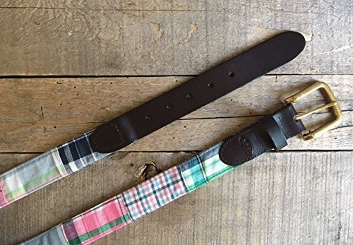 Mens Pink Plaid Leather Belt, Leather Tab and Buckle, Multi Color Plaid Fabric and Leather Belt3