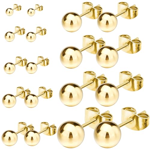NEWITIN 9 Pairs Gold Ball Stud Earrings for Women Hypoallergenic Earring 18K Gold Plated Ball Earrings Set 2-10 MM Small Studs for Women Men - Main Image