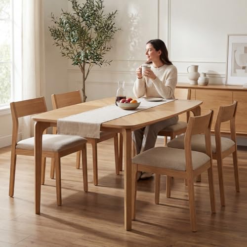 Image of DUOMAY Mid-Century Modern Oak Color Dining Table, 63 inch Rectangular Kitchen Table with Solid Wood Legs, Curved Edges, 6-Person Table for Dining Room Living Room Kitchen