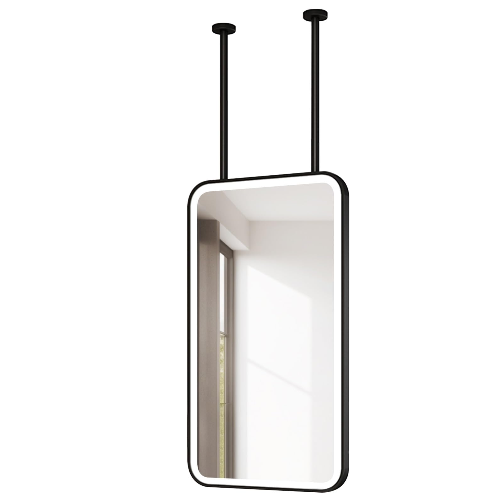 ITOSUI Rectangle HD Mirror with LED, Ceiling Hanging Rod Mirrors for Bathroom Vanity or Wall Decor, Suspended Makeup Mirrors for Shaving Mirror, 3 Colours Dimmable Light, Black(50cmx60cm)