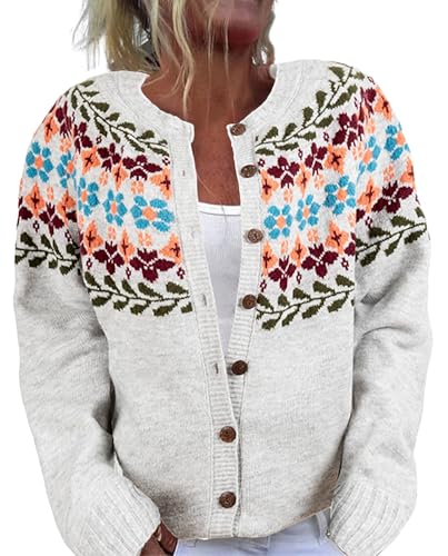 Image of Women's Funny Fall Winter Animal Floral Christmas Tree Long Sleeve Button Knit Cardigan Sweater