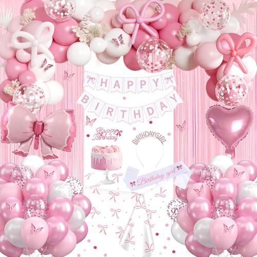 Pink Bow Birthday Decorations Coquette Party Decoration Set with Happy Birthday Banner Pastel Light Pink White Bow Latex Balloons Crown Sash Foil Curtain Tablecloth for Girls Women Party Supplies