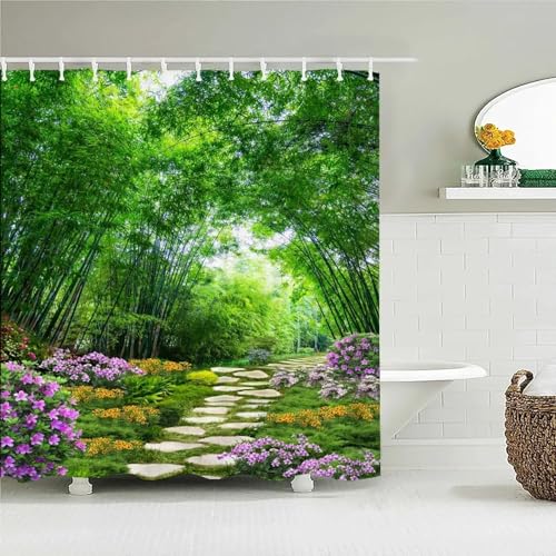 Rideau de douche imprimé bambou vert 3D en polyester imperméable 178x183cm