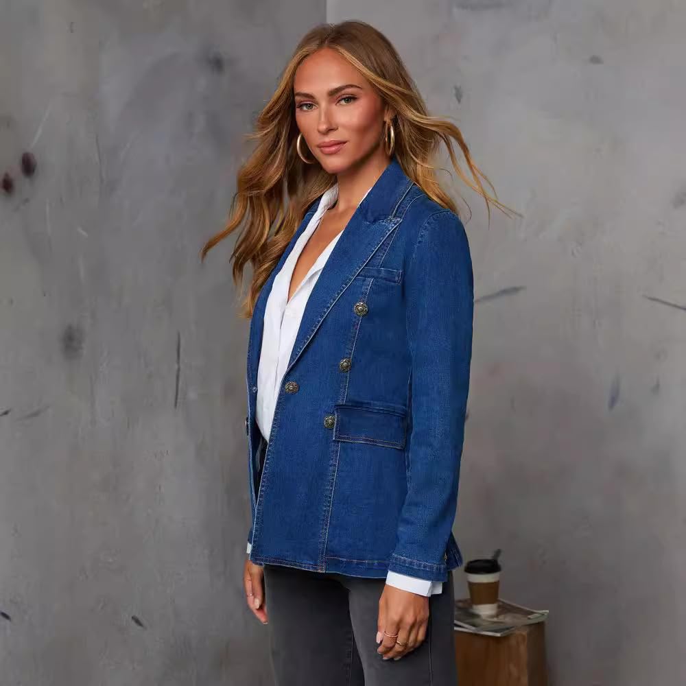 Genérico Las Mujeres De Doble Botonadura Denim Blazer Lavado Azul De Manga Larga Solapa Chaqueta Vaquera Con Bolsillos De Solapa Oficina Casual Chic Abrigo Para La Primavera Otoño