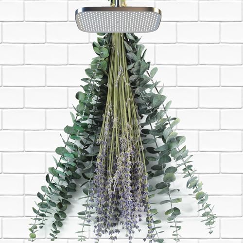 Image of 70 PCS Dried Eucalyptus Stems with Lavender Flowers Bundle for Shower, 17'' Natural Real Live Eucalyptus Leaves Branches Hanging Shower Plant for SPA Home Fragrance Bathroom Table Vase Decor