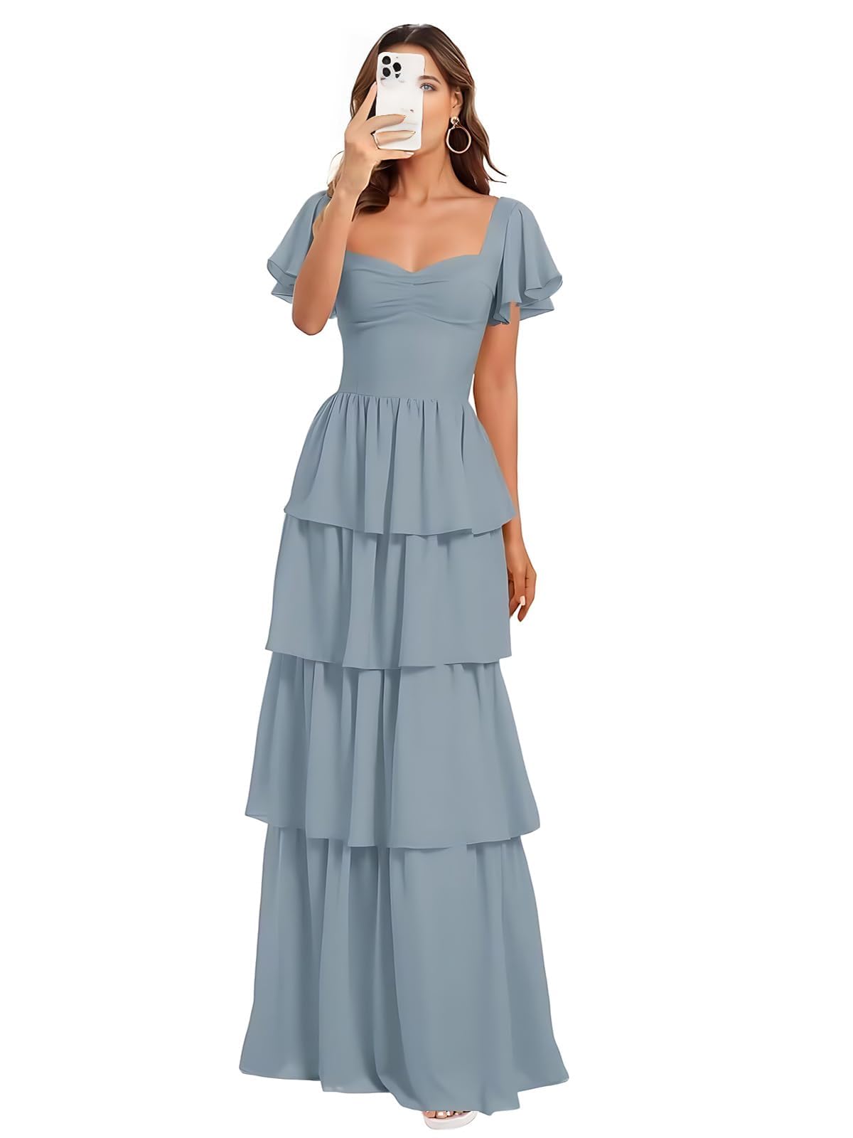 Kurzarm Chiffon Abendkleider Elegant für Hochzeit,Gestufte A-Linie Brautjungfernkleider Lang für Damen Maxi Beach Festliche Kleider für Hochzeitsgäste