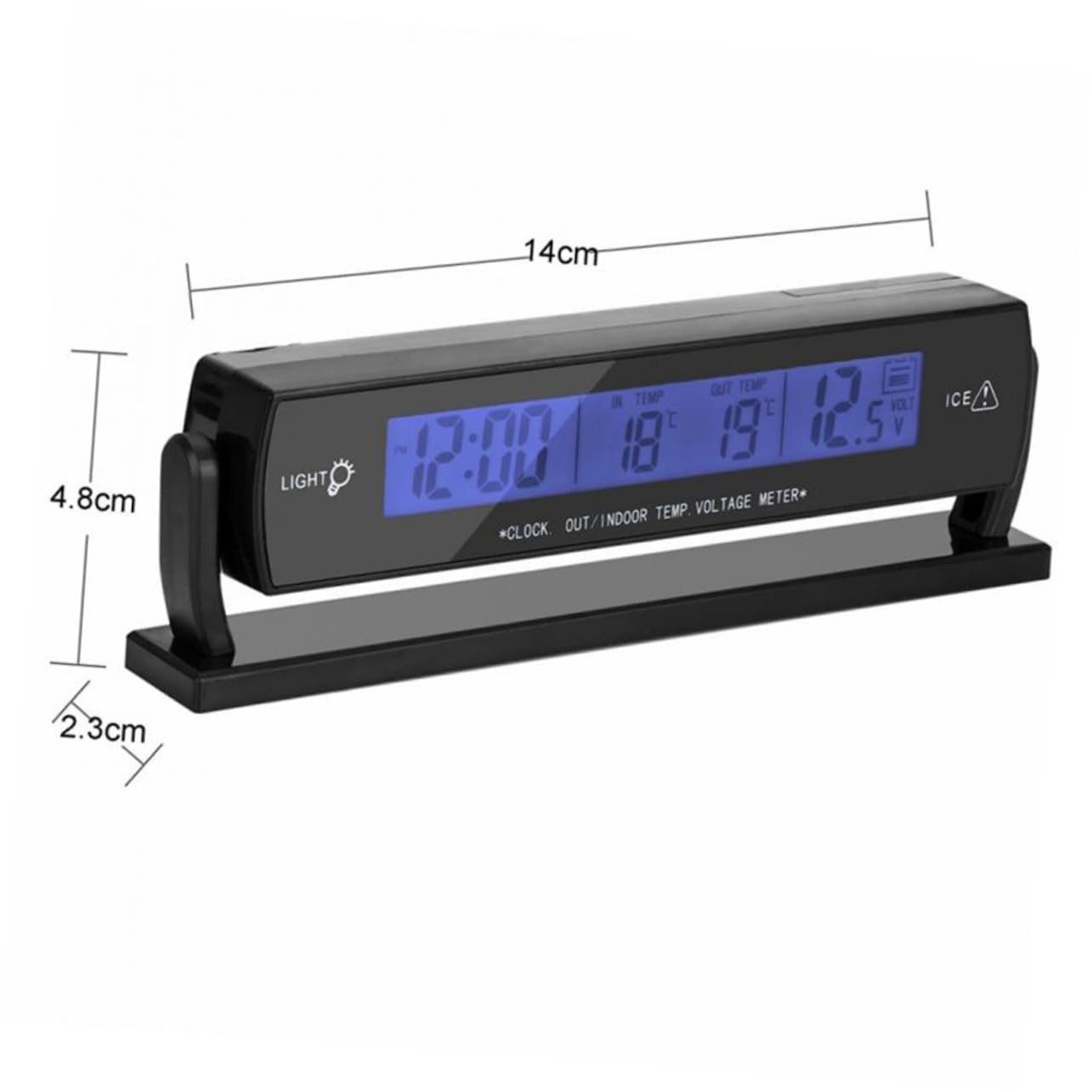 Unomor Blue Backlight Vehicle Thermometer with Hour Clock Indoor Outdoor LCD Display for Accurate Temperature Monitoring to Degrees Celsius Fahrenheit Alarm Function