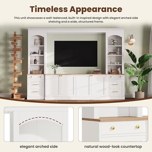 Image of 106.3 inchL Large Entertainment Center with Bookshelves and Drawers for TVs Up to 70'', Wall Unit Entertainment Center with Adjustable Shelves and Cabinet, Minimalist TV Stands for Living Room White