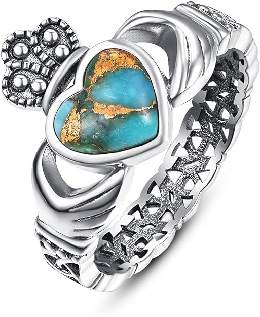 Heart Turquoise/Malachite/Black Onyx Claddagh Rings 925 Sterling Silver Celtic Knot Ring Turquoise Rings for Women Engagement Ring Irish Jewelry Gifts Size 6-9