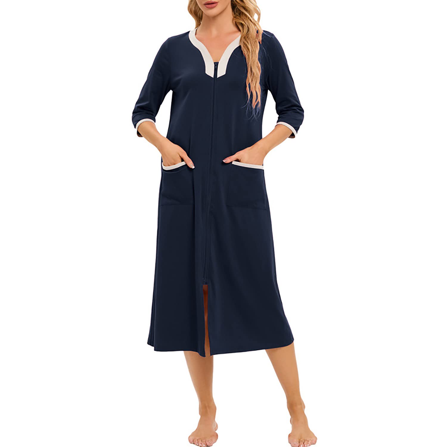 Citridarll Women's Navy Blue Zipper Robe Short Sleeve Loungewear Lightweight Housecoat Full Length Nightgown With Pockets,,Xxl