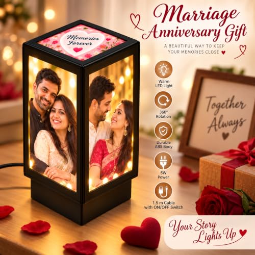 Image of Personalized Rotating Photo Lamp with 4 Photos | Customised 360 Degree LED Memory Lamp | Birthday, Anniversary, Wedding Gift for Couple, Kids, Parents & Family