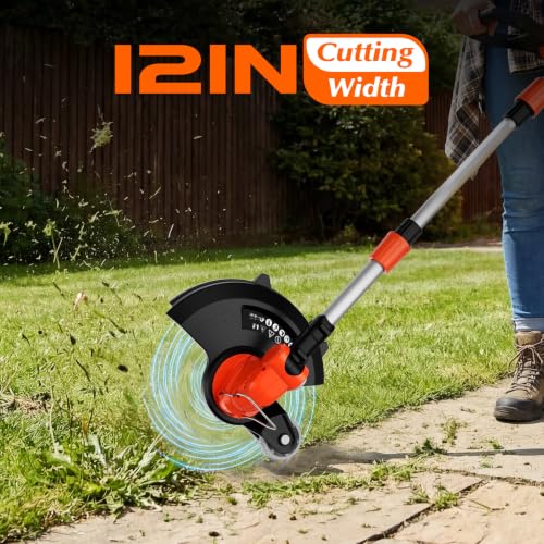 Image of 20V Electric Weed Wacker Cordless Edger Lawn Tool 2 X 2.0Ah Battery Powered Weed Eater and Charger, 12 inch Lightweight String Trimmer, Auto Line Feed Grass Cutter Lawn Mower Small Yard Garden Tangerine
