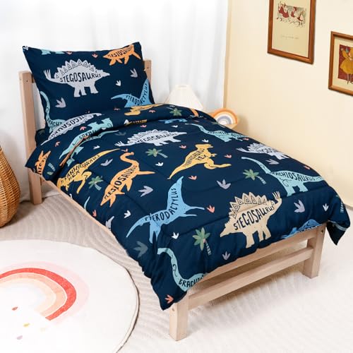 TinyPalsa Toddler Bedding Set 4-Piece Green Dionosaur Comforter Set for Girls and Boys Breathable Crib Bedding Includes Ultra-Soft Quilt Flat and Fitted Sheets and Reversible Pillowcase