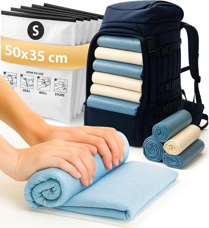 FiRiO Bolsas Vacio Ropa Viaje sin Aspirador (para Enrollar) I 8 PIEZAS I Tamaño S: 50x35cm I Bolsas de Vacio para Ropa Viaje I Vacuum Bags for Traveling I Bolsas de Compresion sin Válvula