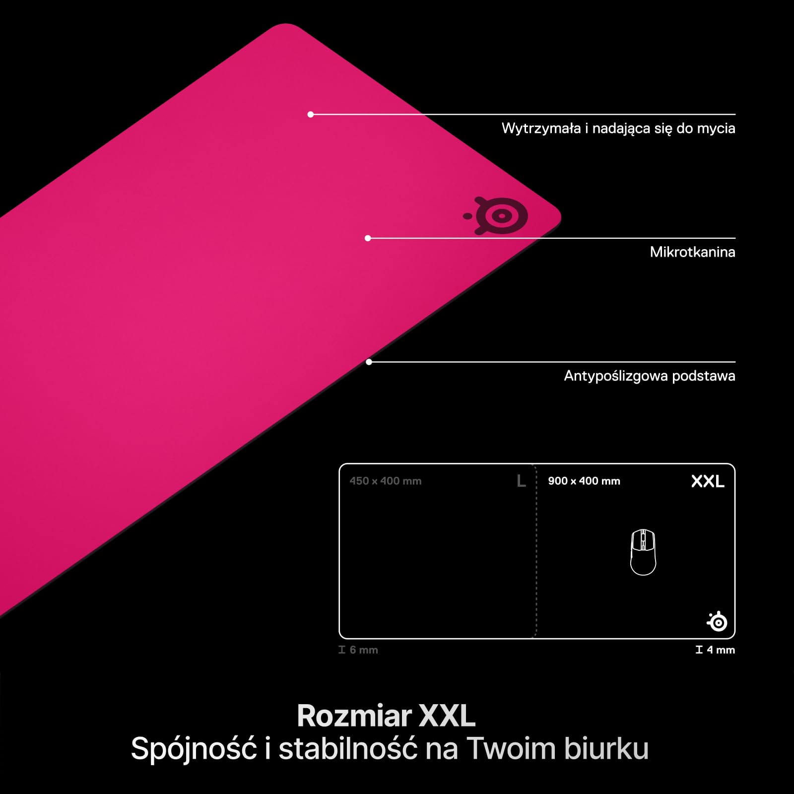 SteelSeries podkładka pod mysz QcK Heavy XXL - Gruba antypoślizgowa podstawa - świetne śledzenie myszki do FPS/MOBA - rozmiar XXL 900x400x4 mm. - kolor Magenta