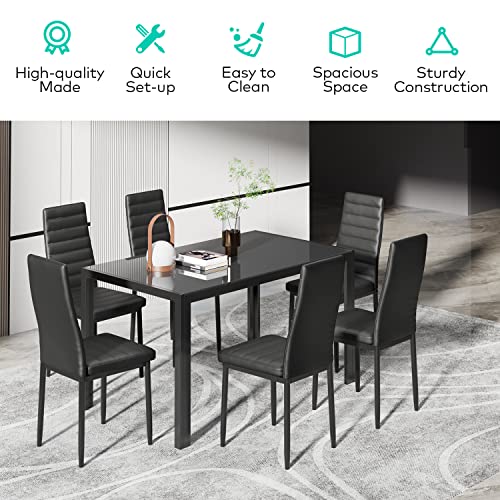 Gizoon Glass Dining Table Sets For 6, 7 Piece Kitchen Table And Chairs Set For 6 Person, Pu Leather Modern Dining Room Sets For Home, Kitchen, Living Room Black #TOP6