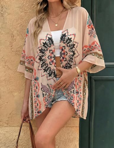 Image of Chunoy Women Floral Beach Wear Cover Up Chiffon Kimono Cardigan Open Front Blouse Top