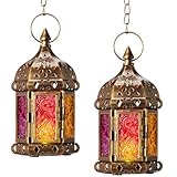 Retisee 2 Pcs 6.7 Inch Moroccan Lantern Decorative Hanging Indoor & Outdoor, Vintage Metal Candle Lantern Holder, Mini Candle Holder, for Table, Patio, Porch, Shelf, Ramadan Eid Ul Fitr Home Decor