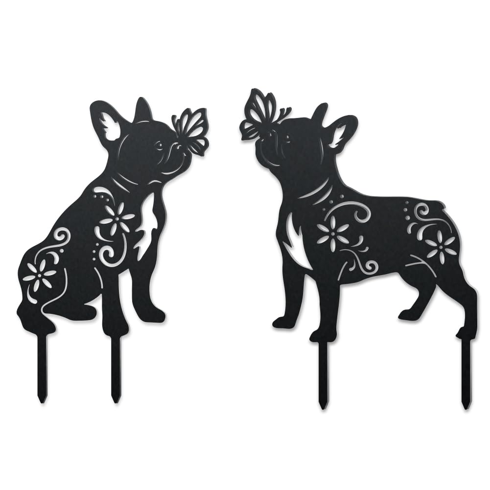 WADORN 2 Styles French Bulldog Metal Decorative Garden Stakes, Bulldog Dog Funny Metal Outdoor Statues Black Puppy Silhouette Ornament Dog Gifts Animal Dog Stakes for Yard Garden Patio Lawn Walkways