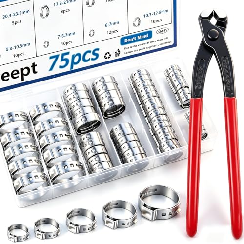 Image of 75Pcs 8-Sizes 304 Stainless Steel Single Ear Hose Clamps with Ear clamp plier 6-23.6mm Crimp Hose Clamps Assortment Kit for Auto /Home Appliance /Pipe /Fuel Line Stepless hose clamp with pincer