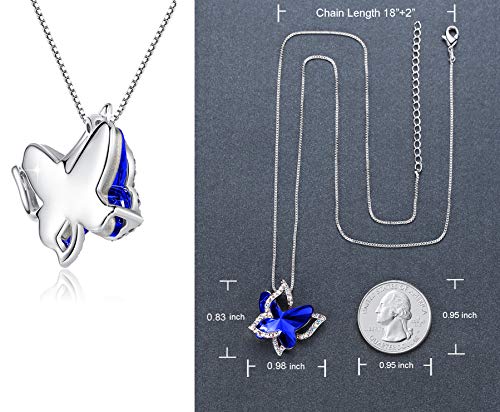 GEMMANCE Gift Butterfly Crystal Necklace with Cobalt Blue Healing Stone for Wisdom, Silver, Tone, 18”+2” Chain