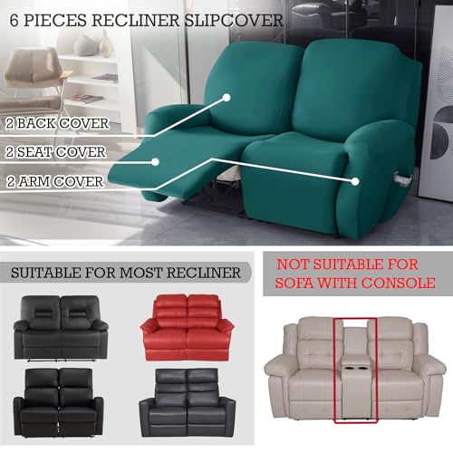 Image of HOKIPO 'SereneSolids' 140 GSM 6-Pieces Elastic Stretchable Recliner Sofa Cover 2 Seater Fully Covered Soft Washable Sofa Slipcovers Furniture Protector, Teal (NEW2-4741-TEAL)