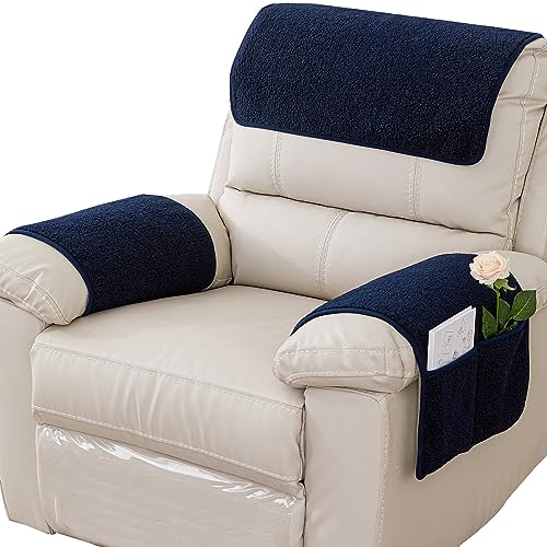 NNSMUN Armrest Cover, Recliner Chair Protector, Furniture Protector Slip, Side Storage Pocket, Stretch Armchair Couch Arm Rest Cover for Recliner, Chair, Sofa (Navy Blue,1 Seater(3pcs))