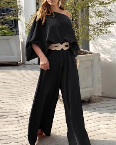 Image of CHICME Women Summer 2 Piece Outfits Off Shoulder Top Flowy Wide Leg Pants Set Vacation Travel Airport Outfits