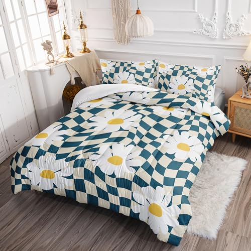 Image of Kids Comforter Set Checkerboard Daisy Printed Pattern Bedding Set with 1 Comforter and 2 Pillowcases for Girls Boys Bedroom All Season(Checkerboard Daisy Twin)