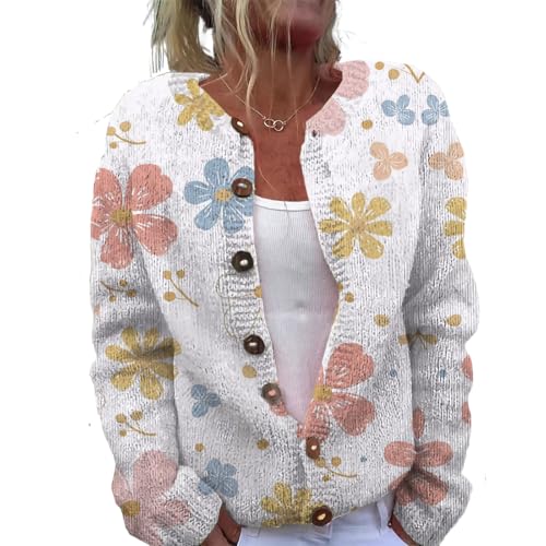 Floral Print Cardigan Sweater for Women 2024 Oversized Button Up Vintage Cable Knit Fuzzy Cute Cotton Chunky Long Sleeve Y2k Casual Sweaters Plus Size Fall Winter Coat Tops Outfits,L