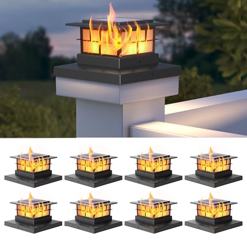 LUTEC 8 Pack Solar Post Cap Lights, IP65 Waterproof Solar Flame Fence Post Lights for 4x4 5x5 6x6 Wooden/Vinyl Posts, Flickering Flame Warm White 3000K LED Lighting Decor for Yard, Patio, Deck, Black