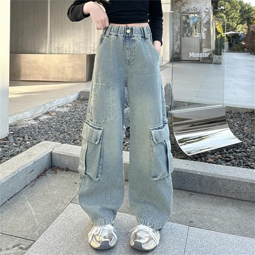 Girls High Waist Cargo Jeans Baggy 𝐅𝐥ap Pocket Streetwears Kids Fall Straight Leg Denim Pants with Multi Pokets3