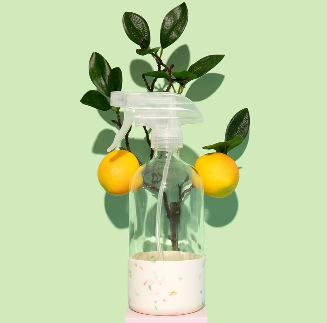 WHIMSY + WELLNESS Clear Glass Refillable Spray Bottle W/ Protective Silicone Sleeve Base, Durable Trigger Sprayer, Cleaning Solutions, Room Sprays, Plant Misting & More, 16 Oz (Glass Spray Bottle + Silicone Base, Terrazzo)