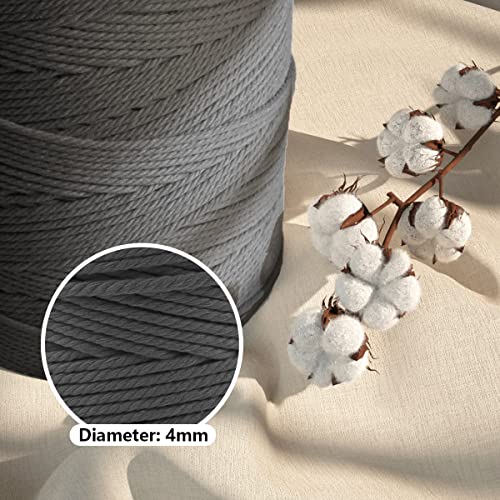 Image of ZUEXT Macrame Cord, Gray, 4mm x 547yds Cotton String Macrame Yarn | Natural Handmade, 4 Strands Twisted Cotton Rope, for Craft Wall Hanging Weaving Tapestry Dream Catchers Hanger DIY Gift, 500m