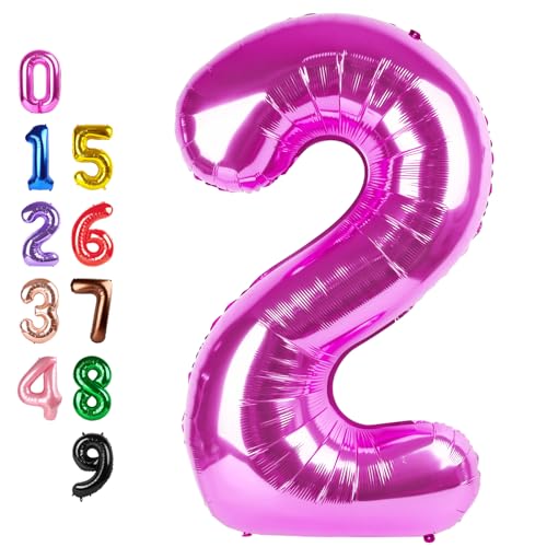 Image of Number Balloons 2 Balloon 40 inch Hot Pink for 2nd Birthday Decorations | Saturated Color, Large 40 in, With Straw & Hanging Hole, For Back-to-School Season, Wedding, Christmas, New Year, Anniversary